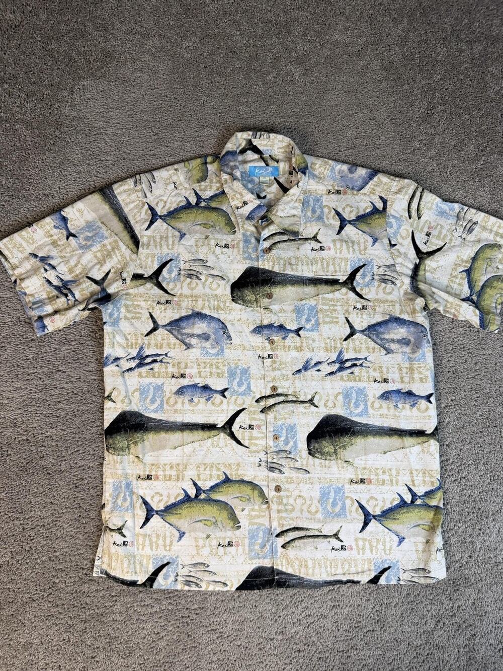 Kai Shirt Mens 2XL Beige Short Sleeve Button Up Fish Print Hawaiian Casual